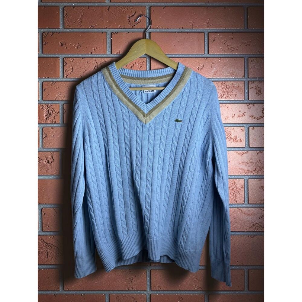 Lacoste Cable Knit V-Neck Sweater Light Blue Men's Size 5 (Large)